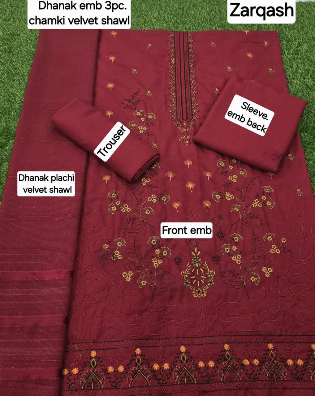 BANADORA DHANAK EMB 3pc WITH DHANAK CHAMKI VELVET SHAWL WINTER COLLECTION