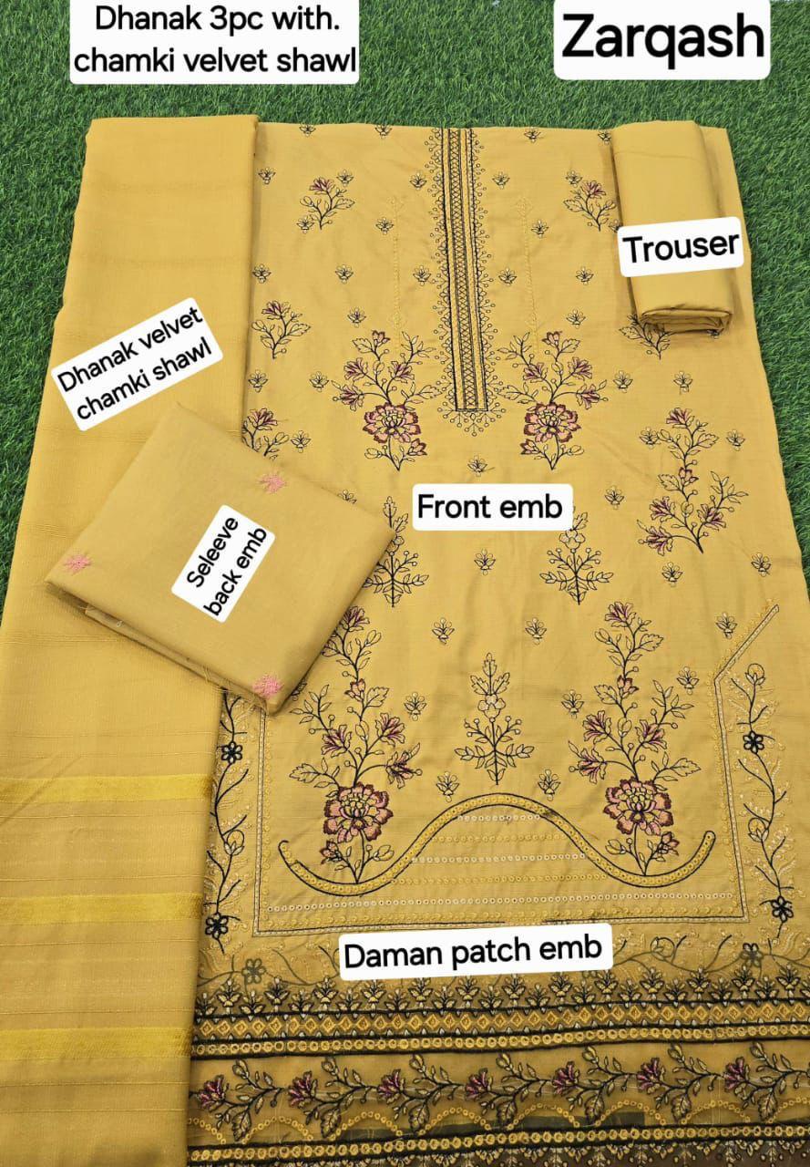BANADORA DHANAK EMB 3pc WITH DHANAK CHAMKI VELVET SHAWL WINTER COLLECTION
