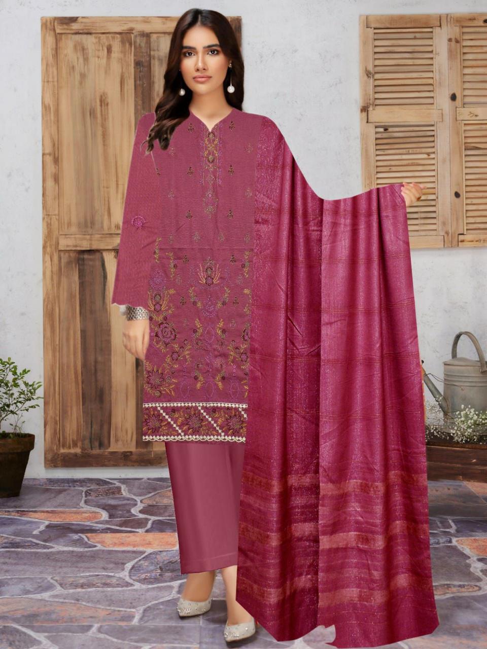 BANADORA DHANAK EMB 3pc WITH DHANAK CHAMKI VELVET SHAWL WINTER COLLECTION