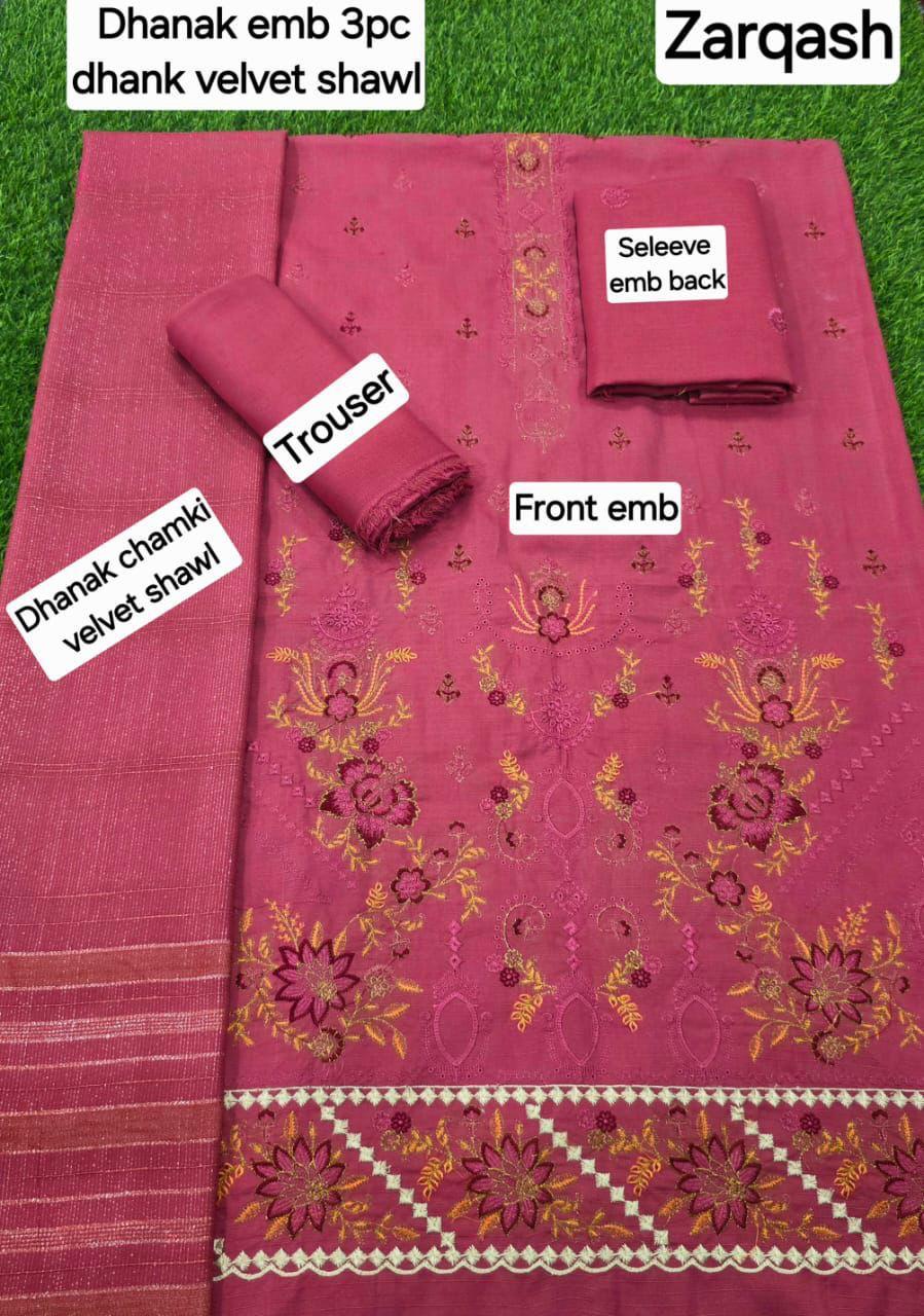 BANADORA DHANAK EMB 3pc WITH DHANAK CHAMKI VELVET SHAWL WINTER COLLECTION