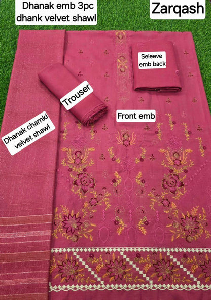 BANADORA DHANAK EMB 3pc WITH DHANAK CHAMKI VELVET SHAWL WINTER COLLECTION