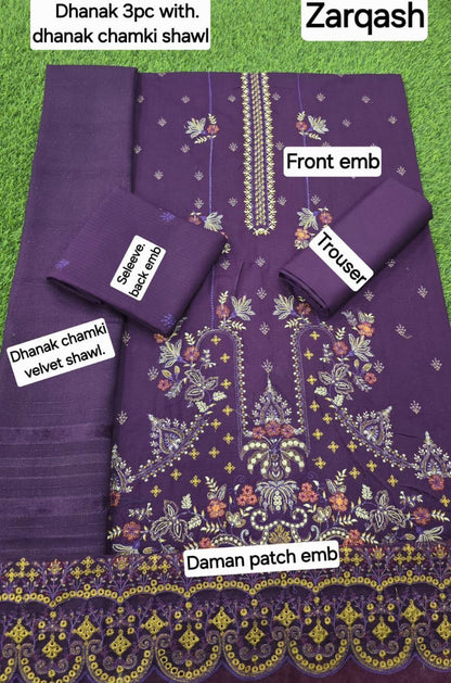 BANADORA DHANAK EMB 3pc WITH DHANAK CHAMKI VELVET SHAWL WINTER COLLECTION