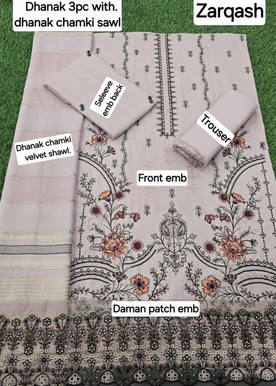 BANADORA DHANAK EMB 3pc WITH DHANAK CHAMKI VELVET SHAWL WINTER COLLECTION