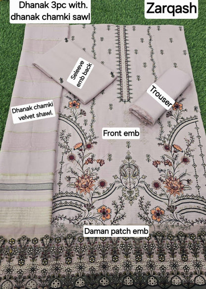 BANADORA DHANAK EMB 3pc WITH DHANAK CHAMKI VELVET SHAWL WINTER COLLECTION