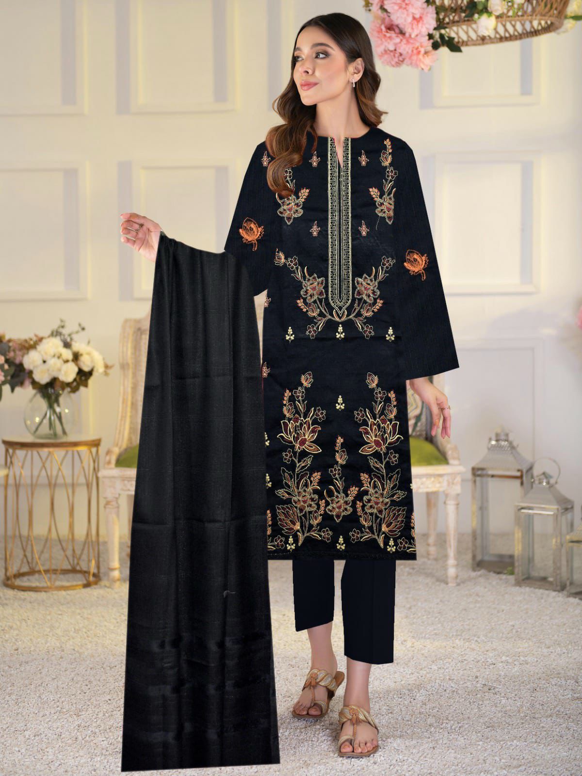 BANADORA DHANAK EMB 3pc WITH DHANAK CHAMKI VELVET SHAWL WINTER COLLECTION
