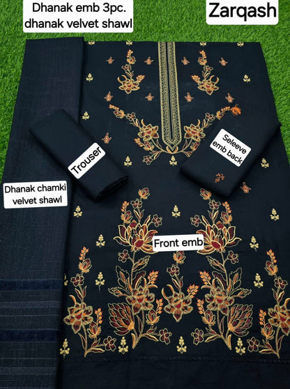 BANADORA DHANAK EMB 3pc WITH DHANAK CHAMKI VELVET SHAWL WINTER COLLECTION