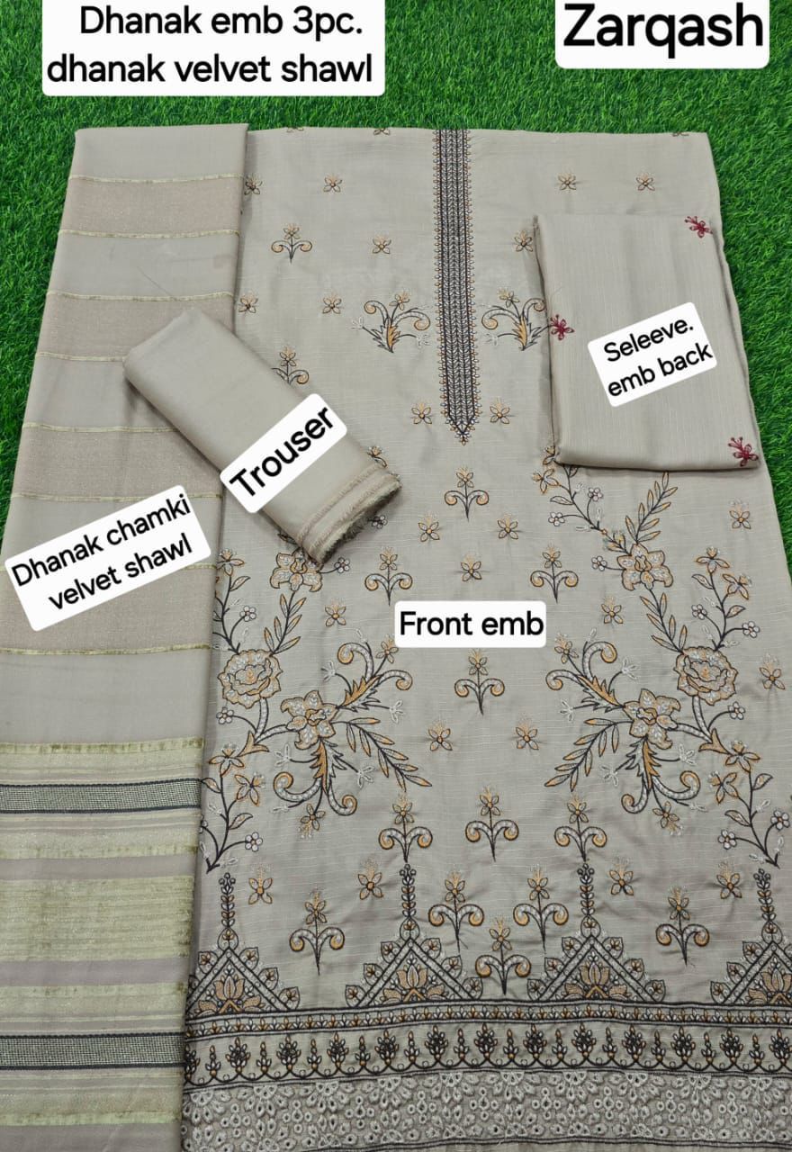 BANADORA DHANAK EMB 3pc WITH DHANAK CHAMKI VELVET SHAWL WINTER COLLECTION