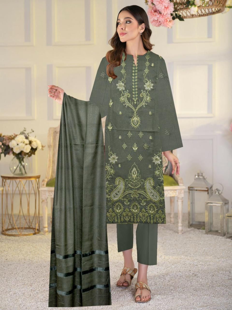 BANADORA DHANAK EMB 3pc WITH DHANAK CHAMKI VELVET SHAWL WINTER COLLECTION